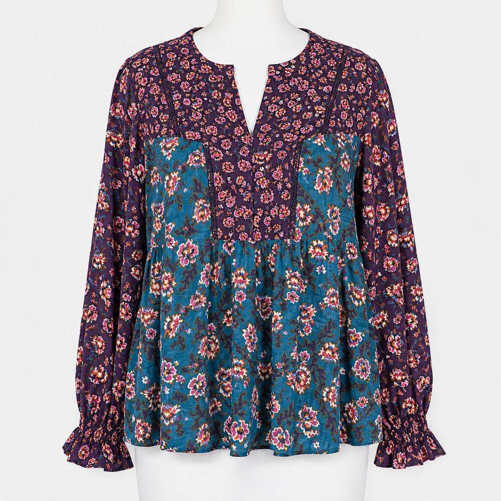 Anthropologie Purple Teal Floral Peasant Blouse Women's XL Boho Long Sleeve